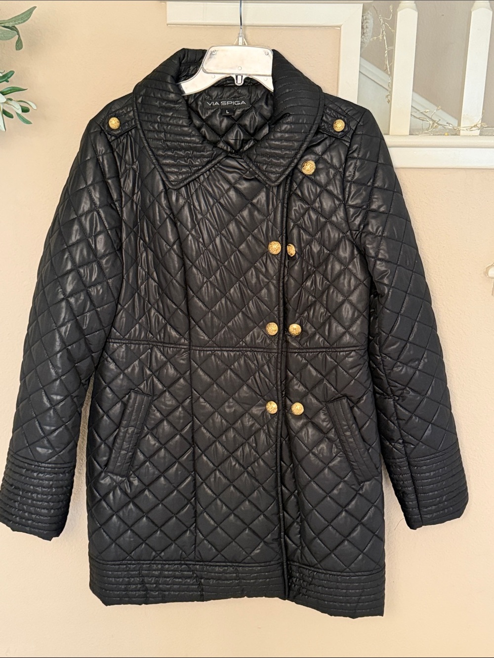 Via Spiga Black Quilted Puffer Coat with Gold Buttons